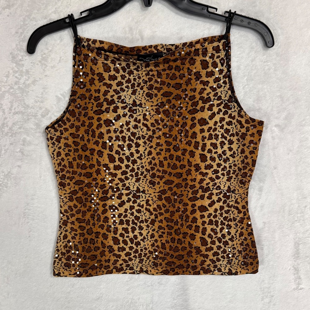 Y2K Leopard Print Crop Top Sequins M Fits S XS Fitted Cami‎ Mob Wife Glam Party - Picture 2 of 13